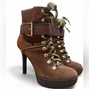 Brown Suede Heeled Boots with Lace-Up Design